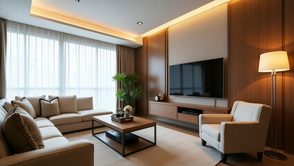 Flat Living room with TV and furniture concept as Living room with TV and furniture showcasing cozy design stylish layout and modern home interior ideas in  Simple flat cute vector illustration of  sm