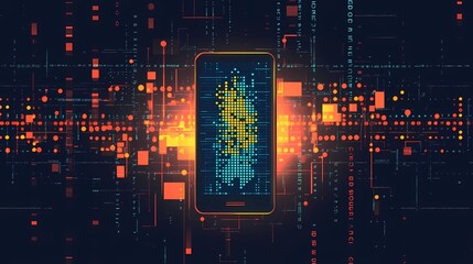 Flat illustration for Morse Code Day, showcasing a modern smartphone displaying a Morse code app, with glowing dots and dashes transforming into abstract patterns