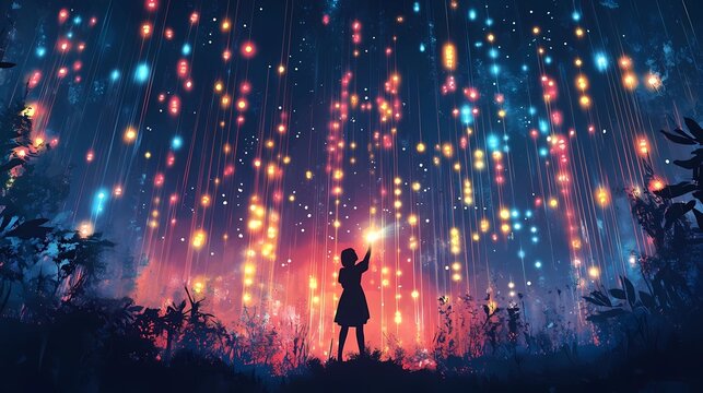 Morse Code Day celebration, flat illustration of a person sending a Morse code message using a flashlight, with glowing dots and dashes lighting up a dark night sky