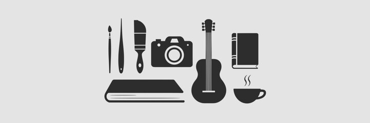 Minimalist vector illustration of hobby icons in black and white – Great for creative industries, personal projects, or marketing materials.