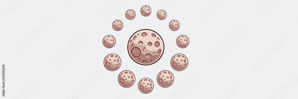 Poster vector illustration of multiple moon icons in various sizes, featuring craters and circular arrangem