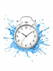 White alarm clock surrounded by blue paint splashes