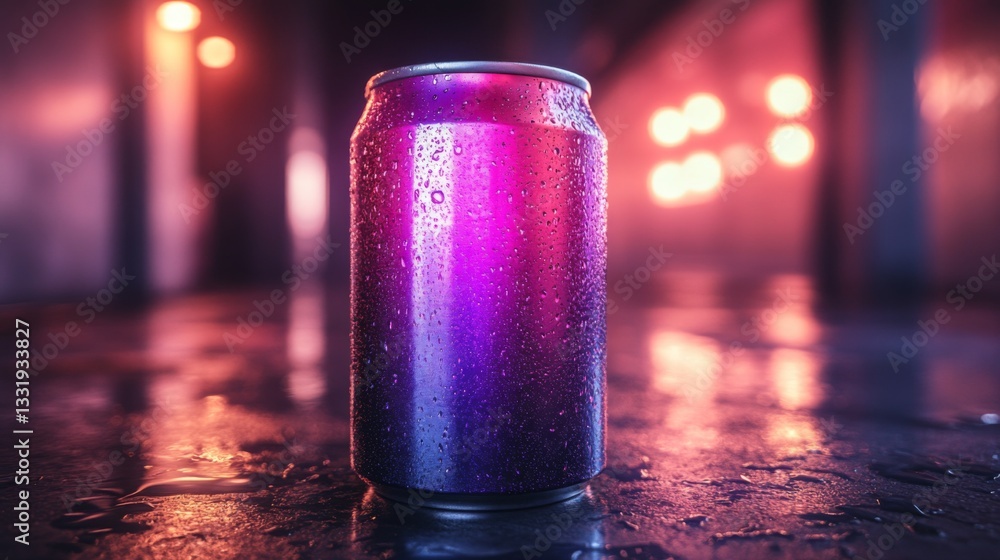 Poster a colorful soda can stands prominently on a wet surface, glistening with droplets. mysterious lights