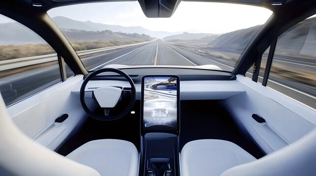 Interior view of a futuristic self-driving electric vehicle cruising along a highway, featuring cutting-edge technology and sleek modern design elements