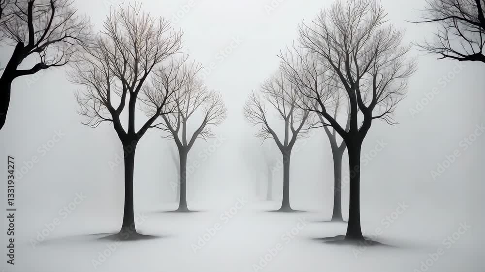 Poster row of leafless trees in foggy landscape serene and mysterious atmosphere with mist enhancing tranqu