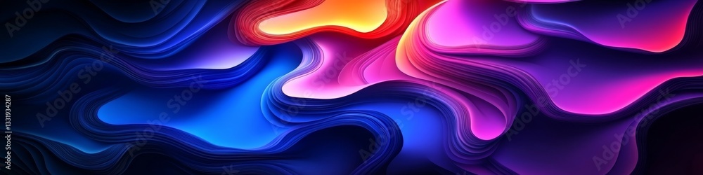 Poster dynamic abstract movement colorful layered bands in soft indigo and rich purple gradient