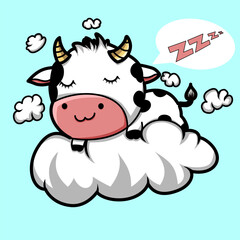Sleeping cow is dreaming on a cloud