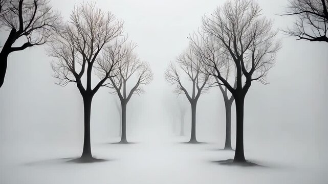 Row of Leafless Trees in Foggy Landscape Serene and Mysterious Atmosphere with Mist Enhancing Tranquility and Isolation, Bare Branches Against Misty Backdrop Evoking Calm and Introspection