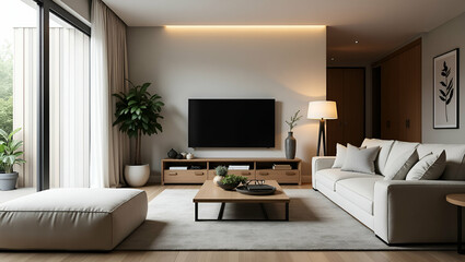 Flat Modern living room featuring TV and stylish furniture illustrating comfortable home entertainment space. concept as Modern living room with TV and stylish furniture showcasing comfortable home en