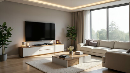 Stylish Living Room with TV and Furniture: Cozy Design Ideas for Modern Interiors in a Simple Flat - Cute Vector Illustrations for Smart Business Concepts