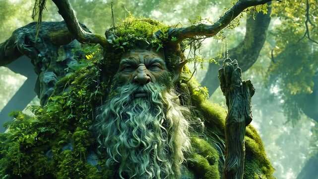 Mystisches Waldwesen mit gr&uuml;nem Bart aus Moos