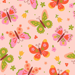 Fototapeta premium Seamless pattern with colorful butterflies and flowers. Vector graphics.