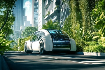 Self-driving electric vehicle navigating through a sustainable urban environment, showcasing innovative transportation solutions for a greener future