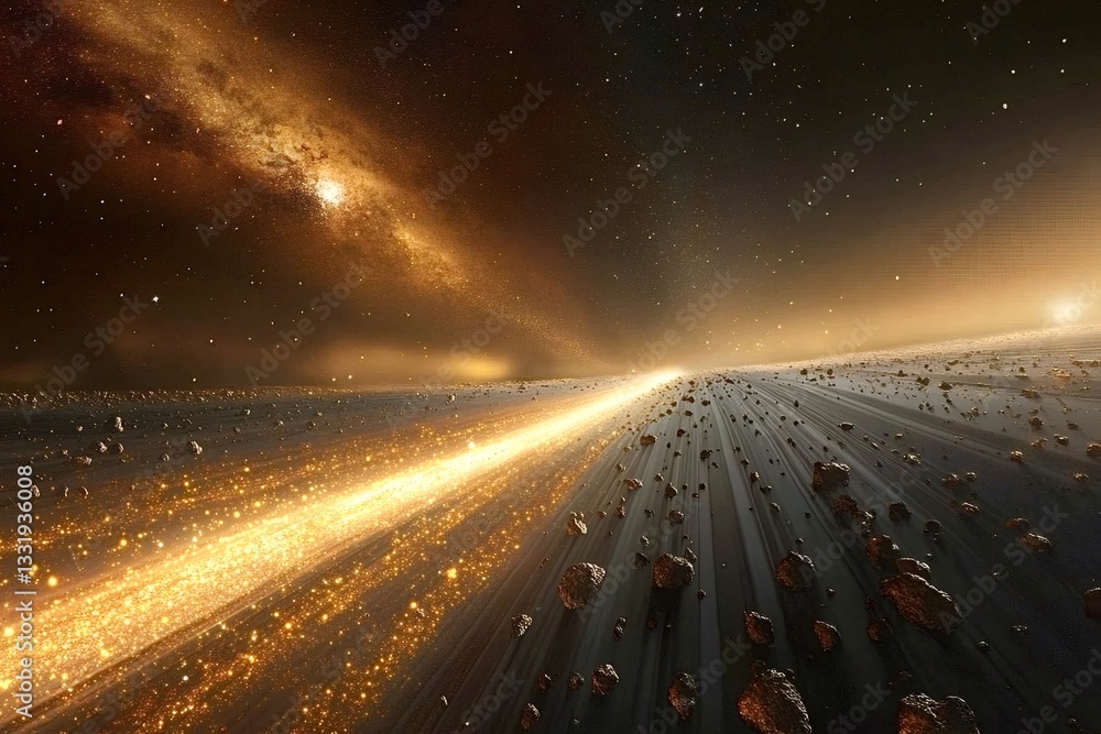 Poster golden ring of dust and rocks is orbiting a planet in deep space with a bright star shining in the d