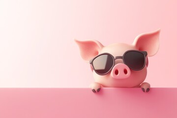 Cool pig peeking over pink banner