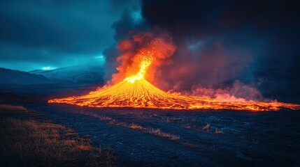 Volcanic eruption at night