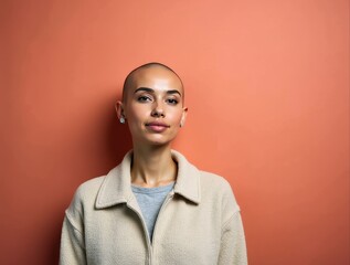Obraz premium Confident bald woman posing on orange background in studio shot