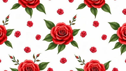 Vibrant Red Roses and Tropical Leaves on White Background: A Seamless Tile Pattern Perfect for Sunny Lounges in Photo Stock Concept with Left Side Empty Space