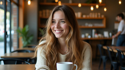 Trendy Young Hipster Woman Relaxing with Coffee in Urban Cafe