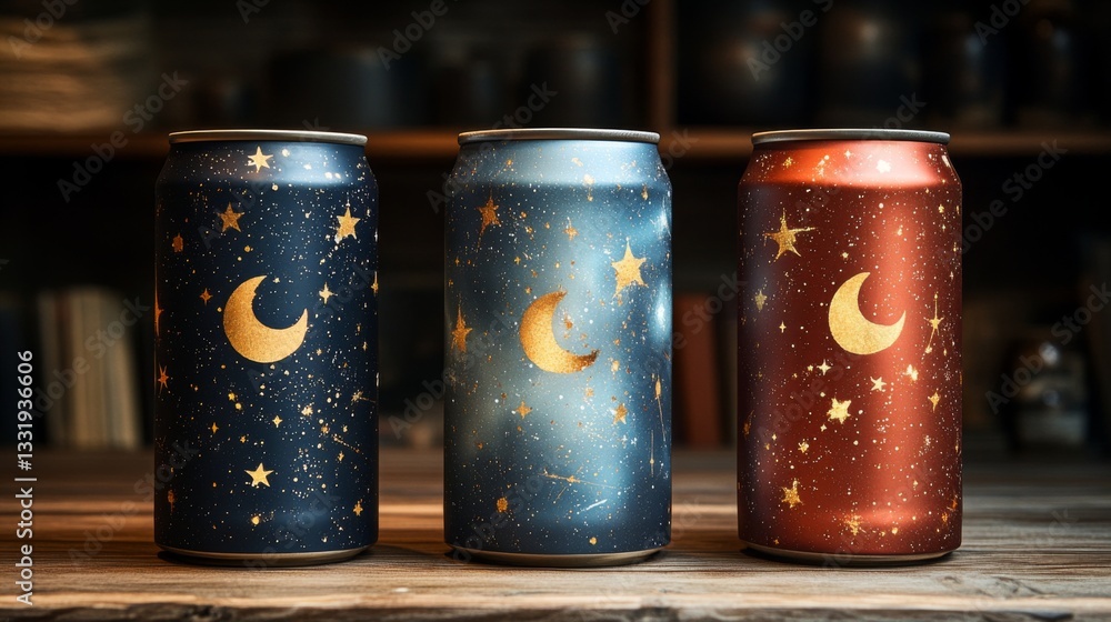 Poster Three beverage cans with unique celestial designs rest on a rustic wooden table. The cans display moons and stars against deep blue, bronze, and dark red backgrounds, creating a whimsical atmosphere.