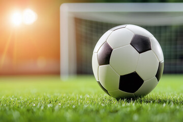 Fototapeta premium close up of soccer ball on green grass, symbolizing sports and teamwork. goalpost is blurred in background, creating dynamic atmosphere for game