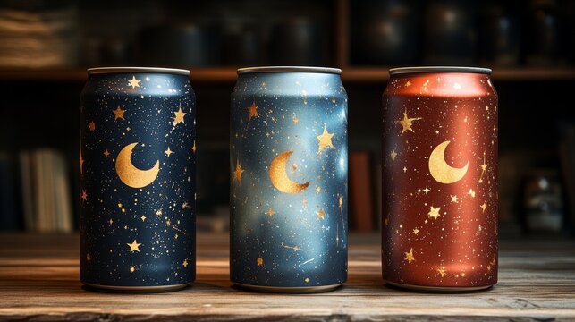 Three beverage cans with unique celestial designs rest on a rustic wooden table. The cans display moons and stars against deep blue, bronze, and dark red backgrounds, creating a whimsical atmosphere.