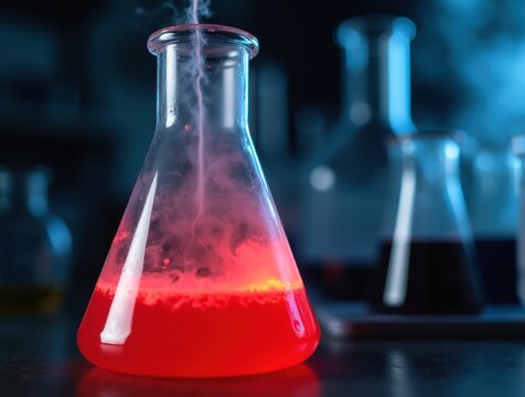 Erlenmeyer Flask with Glowing Red Liquid Emitting Smoke in Laboratory