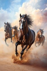 Obraz premium Group of galloping horses running through dust with flowing manes and dramatic sky