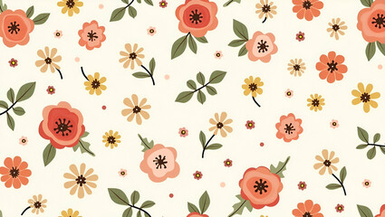 Mid Century Modern Seamless Tile Pattern: Retro Roses and Daisies in Muted Pastel Colors for Vintage Inspired Rooms - Perfect for Photo Stock with Left Space