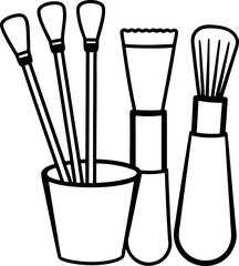 Black and White Illustration of Makeup Brushes for Cosmetic and Beauty Design Projects