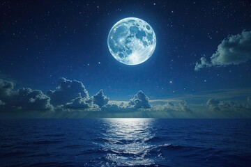 Moonlit Ocean Under Starry Sky with Clouds in Dark Night Space
