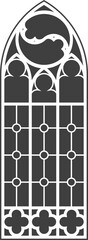 Gothic window with pattern. Church glass arch. Vintage medieval cathedral architecture frame. Catholic stained interior decoration. Silhouette of old door shape.