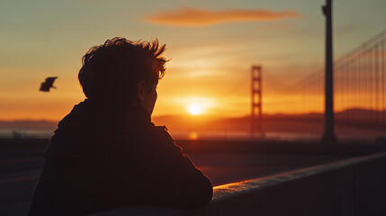 Silhouette of a child watching sunset golden gate bridge boy sky red calm view ocean scene alone
