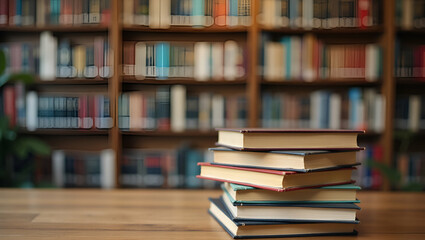 Piles of Books on Table with Blurred Library Background: Perfect Academic Study Environment and Organized Book Arrangement for Stock Photo Use