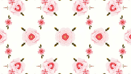 Lush Pink Roses with Intricate Details on White Background: Bohemian Seamless Tile Pattern Perfect for Eclectic Spaces - Ideal Photo Stock Concept with Empty Space on Left Side