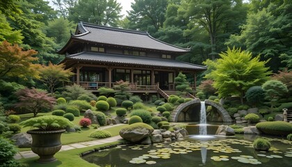 Fototapeta premium 4k high quality Ai generative HD high definition artwork photo realistic Japanese house garden and pond