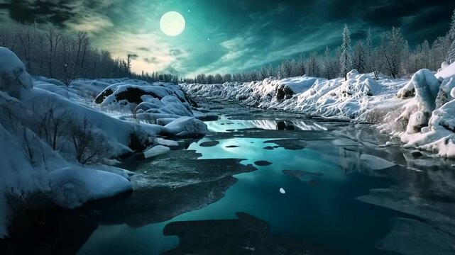 Eisige Winterlandschaft mit gefrorenem Fluss unter blauem Himmel