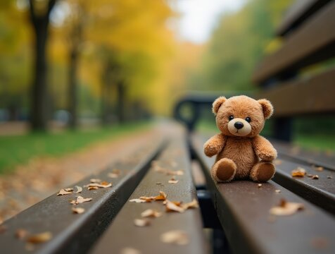 Small teddy bear sitting on a bench in autumn park waiting to be found
