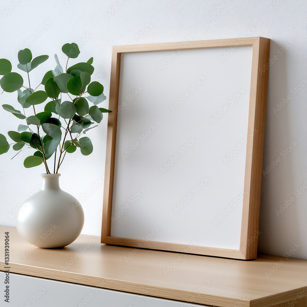 Poster a simple wooden frame is placed on the sideboard of an empty white wall,