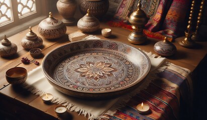 Intricately Engraved Brass Serving Tray with Ornate Middle Eastern Decor on Wooden Table

