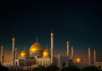 Fototapeta premium Mosque Shines Under Starry Night Sky Architecture with Golden Domes