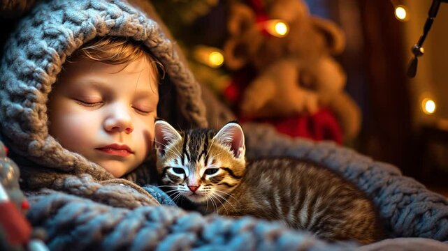 Schlafendes Kind mit einer kuschelnden Katze vor Lichtern