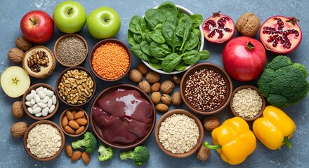 A vibrant assortment of healthy foods including fruits, vegetables, nuts, and legumes, arranged aesthetically for a nutritious meal.