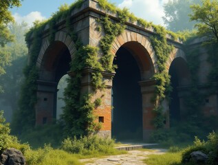 Majestic ancient ruins covered in lush vegetation in a serene forest