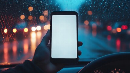 Closeup of hand holding smartphone with white mockup on screen,black mobile phone in hands with blank desktop screen while car driving,Mockup image,Copyspace for text.