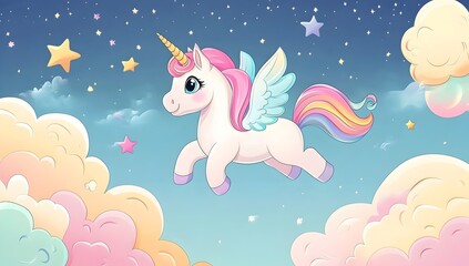 Whimsical Unicorn in Dreamy Skies: A magical illustration of a charming unicorn with a flowing mane, and majestic wings, soaring amidst pastel-colored clouds and twinkling stars.