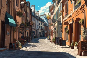 Fototapeta premium Charming cobblestone street in a quaint village with vibrant shops and blooming flowers under a sunny sky