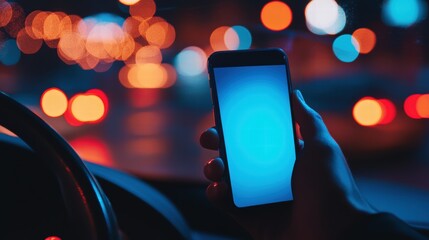 Closeup of hand holding smartphone with white mockup on screen,black mobile phone in hands with blank desktop screen while car driving,Mockup image,Copyspace for text.