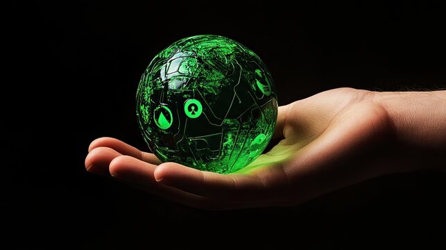 Glowing Green Orb of Global Technology Held in a Hand Against a Black Background - Powered by Adobe