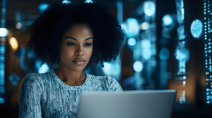 Young black african american it specialist writing code on laptop in office. Virtual technology software development concept with it specialist. Blue holographic figures.
